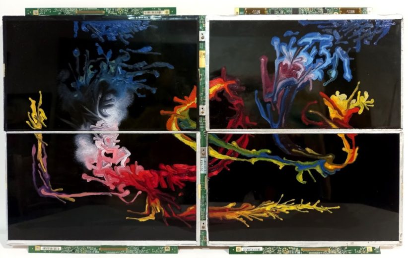 Alfonso Leto, Quaterna, 2022. Olio su 4 schermi lcd assemblati su tavola, cm 28x48