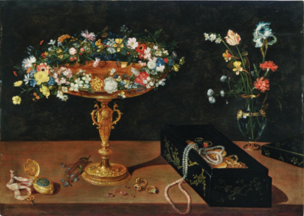 Jan Brueghel il Giovane, Tazza con ghirlanda di fiori, portagioie, orologio da tasca e fiori in un vaso di vetro