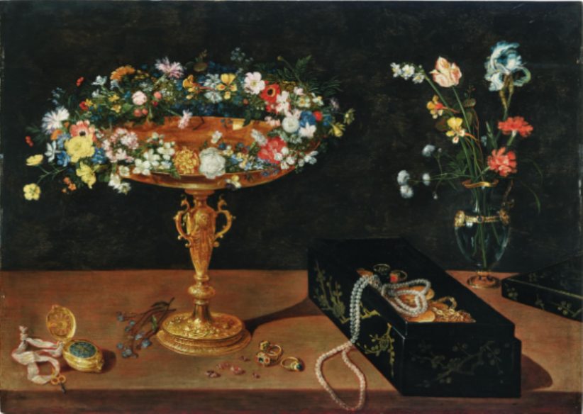 Jan Brueghel il Giovane, Tazza con ghirlanda di fiori, portagioie, orologio da tasca e fiori in un vaso di vetro
