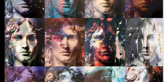 Paolo Consorti, Holy Portraits, 2025, tecnica mista su vinile, cm. 40x40 ognuno