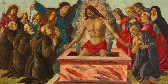 Bottega di Sandro Botticelli, fine XV secolo, DEPOSIZIONE DI CRISTO NEL SEPOLCRO TRA LA VERGINE, LA MADDALENA E SANTI E SANTE, olio e tempera su tavola, cm 65x40,5. Al retro: stemma in ceralacca rossa. Stima € 100.000/150.000 - Pandolfini Casa d'Aste