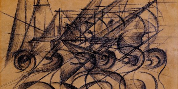 Lotto 117, Giacomo Balla, "Auto in corsa - linee di velocità", stima da 60.000 a 70.000 €, base d’asta di 27.000 € - Fidesarte