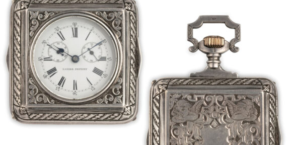 Lotto 127, LOEHR, OROLOGIO DA TASCA CON CARICAMENTO AUTOMATICO, CASSA DI FORMA IN ARGENTO, 1880 CIRCA cassa di forma in argento molto lavorata, punzone 935, quadrante in smalto bianco con numeri romani per le ore, arabi in 5 per i minuti, lancette in ac- ciaio, due quadranti, uno per i secondi ed uno per la riserva di carica. Fondello finemente inciso con putti e pavoncelli, parapolvere firmato perpetual Pa- tent n. 2211, movimento con scappamento ad ancora, massa oscillante a martello. Stima € 2.000 - 3.000 Aggiudicato € 4.000 - Wannenes