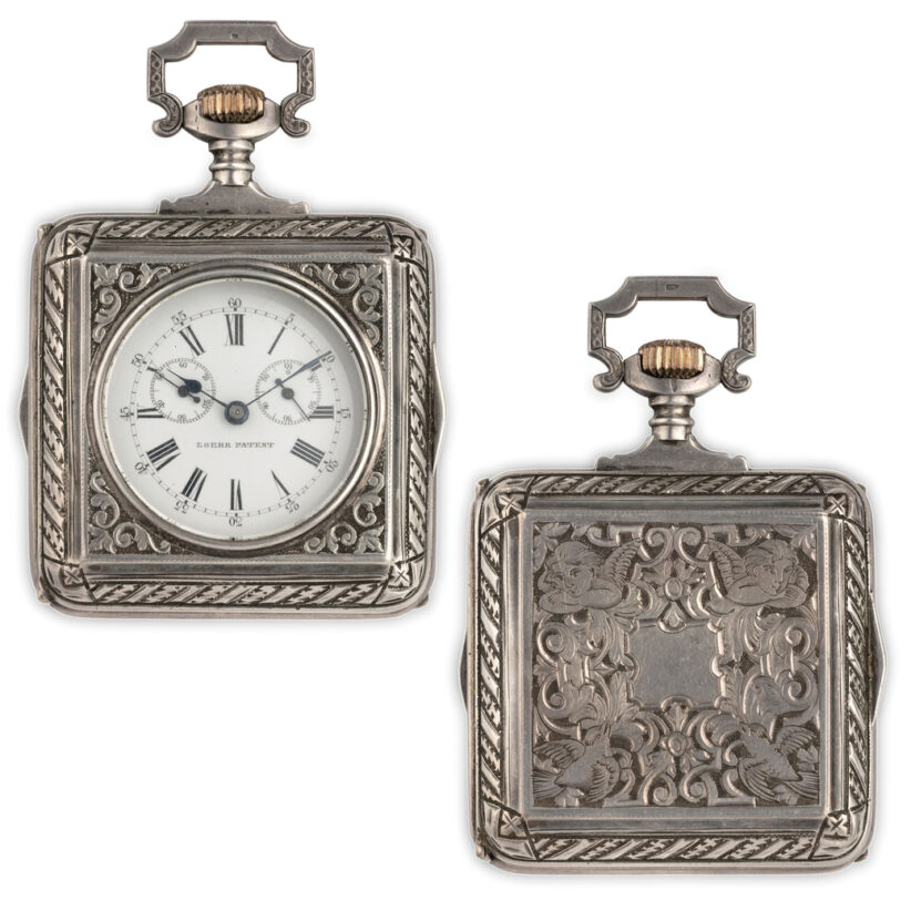 Lotto 127, LOEHR, OROLOGIO DA TASCA CON CARICAMENTO AUTOMATICO, CASSA DI FORMA IN ARGENTO, 1880 CIRCA cassa di forma in argento molto lavorata, punzone 935, quadrante in smalto bianco con numeri romani per le ore, arabi in 5 per i minuti, lancette in ac- ciaio, due quadranti, uno per i secondi ed uno per la riserva di carica. Fondello finemente inciso con putti e pavoncelli, parapolvere firmato perpetual Pa- tent n. 2211, movimento con scappamento ad ancora, massa oscillante a martello. Stima € 2.000 - 3.000 Aggiudicato € 4.000 - Wannenes