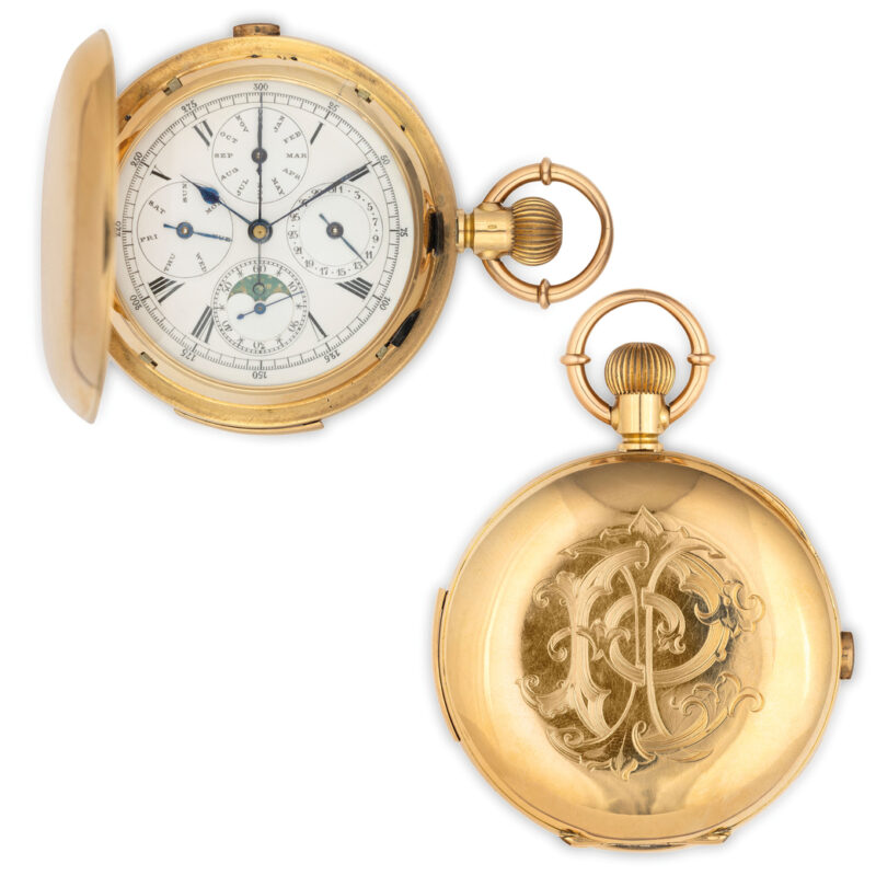 Lotto 179, SAVONETTE DA TASCA IN ORO, CON SUONERIA MINUTI, CRONOMETRO E CALENDARIO COMPLETO, SVIZZERA 1890 CIRCAcassa savonette in oro giallo diametro 56 mm, punzone K18 e testa di Ginevra, quadrante in smalto bianco con numeri romani, scala cronometrica a 300, secondi al centro, piccoli quadranti in inglese, per datario, giorno della settimana e mese, piccoli secondi a ore sei con fasi lunari, pulsante a ore 12 per l'azio- namento della cronometria, pulsante nel pendente per apertura della cuvette, pulsante ad unghia a ore 4 per la rimessa all'ora, pulsante ad unghia per la ripetizione ore e minuti, fondello inciso con monogramma PI, fondello liscio, importante movimento dorato, con rubini su castoni, ruota a colonne e smi- stamento della cronometria a leve, suoneria ore e minuti su due gong, martelli affiancati. Stima € 5.000 - 7.000 Aggiudicato € 6.250 - Wannenes