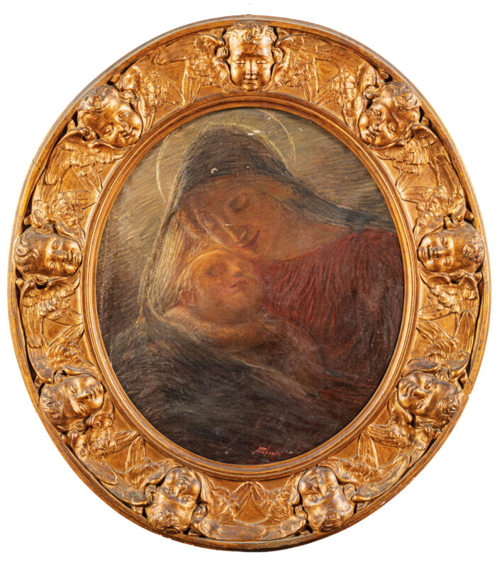 Lotto 218, GAETANO PREVIATI (Ferrara, 1852 - Lavagna, 1920), Maternità. Firmato Previati in basso al centro. Olio su tela, cm 60,5X55. Stima € 7.000 – 9.000 - Wannenes Casa d'Aste