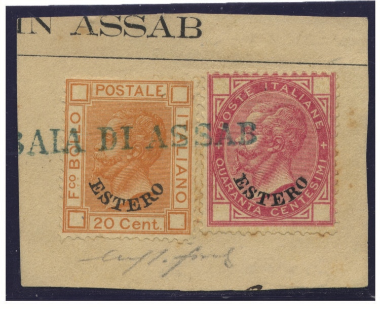 Frammento di lettera spedita dalla Baia di Assab ed affrancata con il 20c e il 40c ”Estero”. Valutazione 2.400 euro