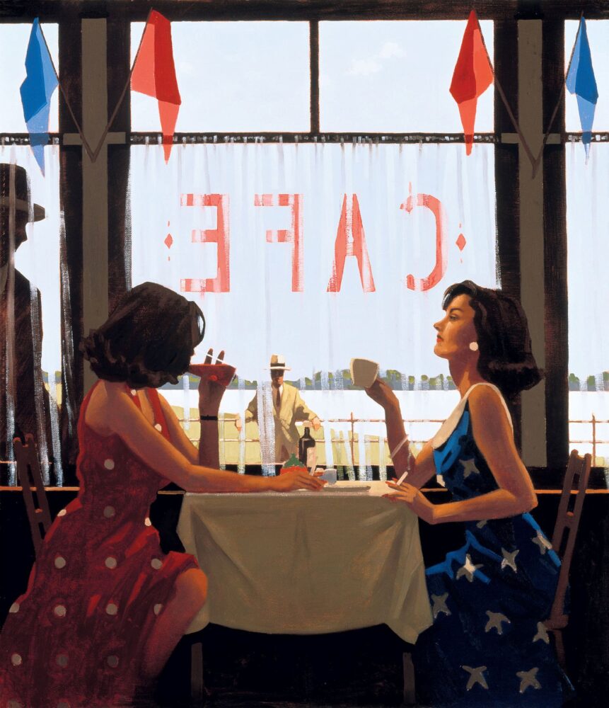 Jack Vettriano, Café Days, 80x60 cm, opera su carta museale, 1995