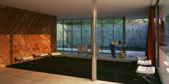 Jeff Wall, Morning Cleaning, Mies van der Rohe Foundation, Barcelona, 1999, transparency in light box, 187 x 351 cm, Courtesy of the Artist