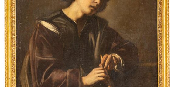Lotto 203, Pittore caravaggesco attivo a Roma nel XVII secolo, Ritratto di giovane con flauto e corona d'alloro, Olio su tela, cm 107X82,5, aggiudicato a € 112.650 (stima 10.000 - 15.000 euro)