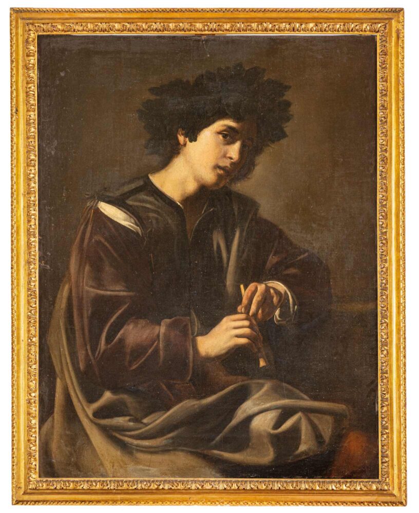 Lotto 203, Pittore caravaggesco attivo a Roma nel XVII secolo, Ritratto di giovane con flauto e corona d'alloro, Olio su tela, cm 107X82,5, aggiudicato a € 112.650 (stima 10.000 - 15.000 euro)