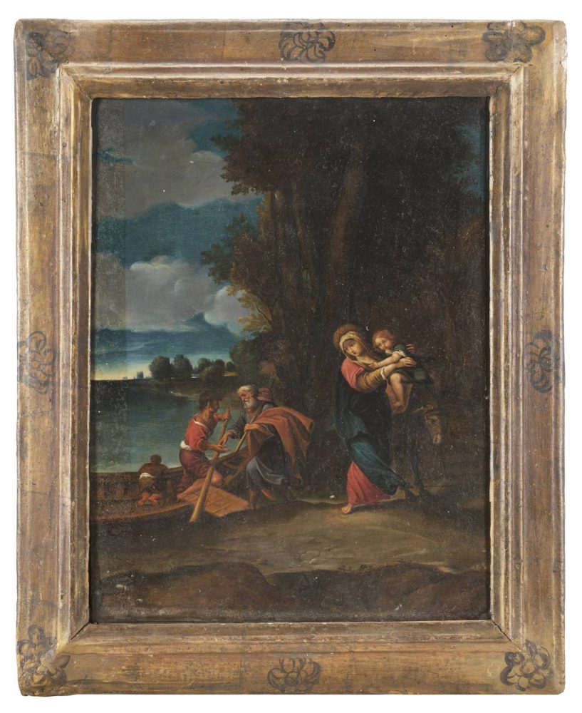 Lotto 471, Scuola bolognese della prima metà del secolo XVII, Fuga in Egitto, olio su rame (cm 38x29 ca.), Venduto € 35.840