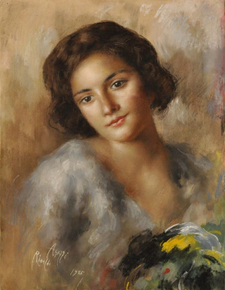 Rinaldo Agazzi, Ritratto di giovane donna con bouquet di fiori, Datazione 1925, già collezione Bassi Rathgeb