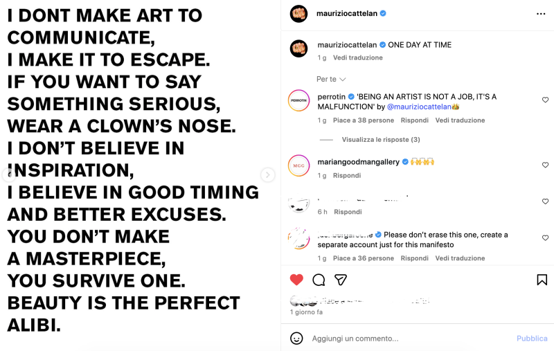 Il profilo Instagram di Maurizio Cattelan 