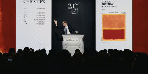 Adrien Meyer sells the top lot of The Collection of Robert F. and Patricia G Ross Weis, Mark Rothko's No. 31 (Yellow Stripe) for $62,160,000 - Courtesy of Christie's