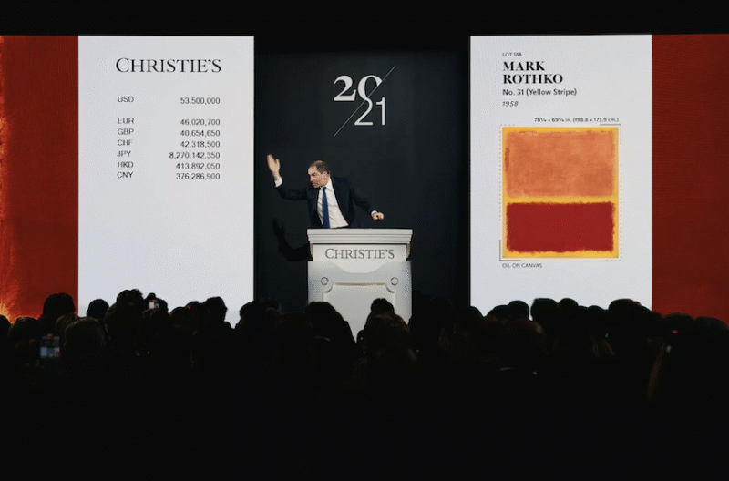 Adrien Meyer sells the top lot of The Collection of Robert F. and Patricia G Ross Weis, Mark Rothko's No. 31 (Yellow Stripe) for $62,160,000 - Courtesy of Christie's
