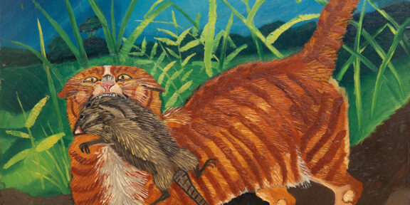 LOTTO 54 ANTONIO LIGABUE (Zurigo 1899 - Gualtieri 1965) Gatto con topo, 1958 Olio su faesite, cm 70 x 72 Stima € 80.000 - 120.000 Wannenes Casa d'Aste