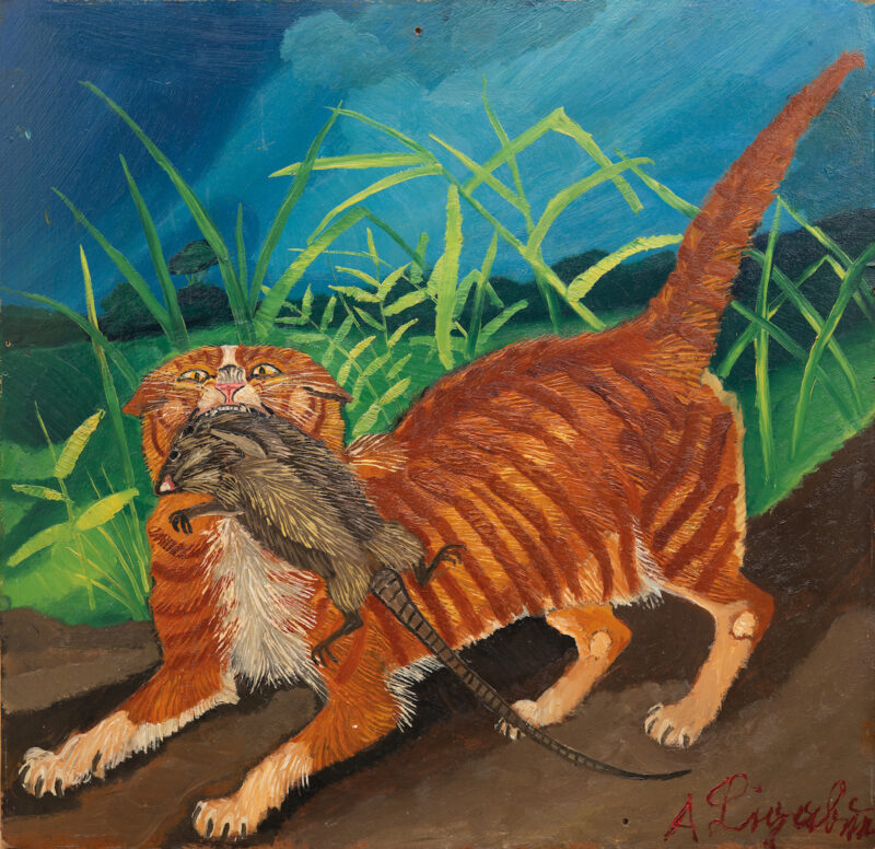 LOTTO 54 ANTONIO LIGABUE (Zurigo 1899 - Gualtieri 1965) Gatto con topo, 1958 Olio su faesite, cm 70 x 72 Stima € 80.000 - 120.000 Wannenes Casa d'Aste