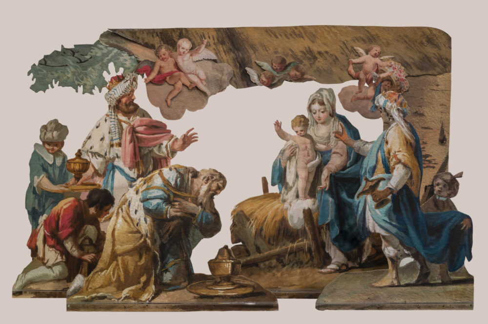 Francesco Londonio (Milano, 1723 - 1783), Figure e quinte da presepe, Tempera su carta e cartoncino