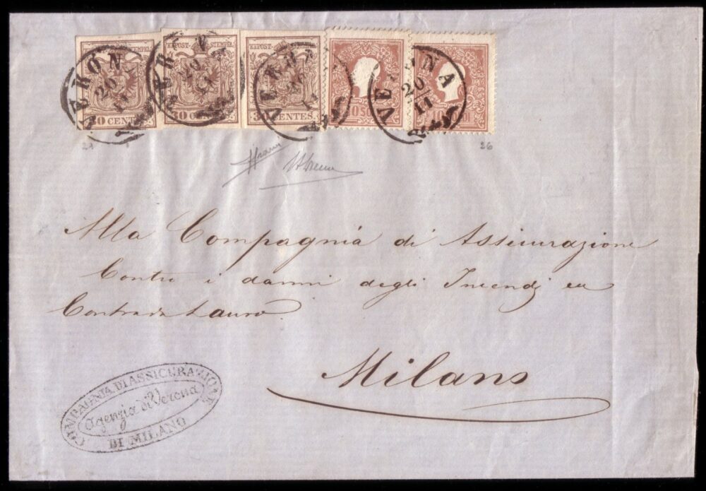 Lotto 202 LOMBARDO-VENETO 1858, Affrancature Miste, Lettera da Verona per Milano, affrancata per 1,50 lire, Stima € 30.000 - 50.000, Courtesy Il Ponte Casa d’Aste