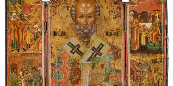 Lotto 304 Icona russa a trittico raffigurante San Nicola con scene della sua vita, XVIII-XIX secolo, tempera su tavola, cm 43x51, stima € 1.000 – 1.500