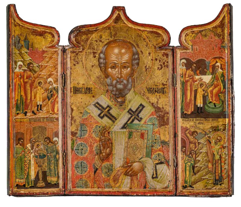 Lotto 304 Icona russa a trittico raffigurante San Nicola con scene della sua vita, XVIII-XIX secolo, tempera su tavola, cm 43x51, stima € 1.000 – 1.500