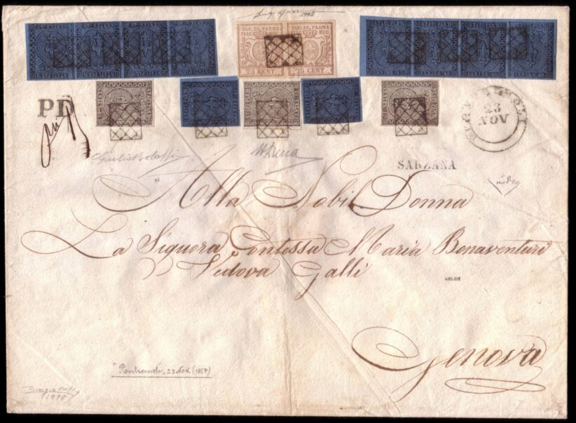 Lotto 331 PARMA 1857, Busta da Pontremoli per Genova affrancata per 4,80 lire, Stima € 80.000 - 120.000, Courtesy Il Ponte Casa d’Aste