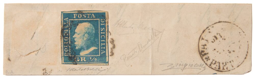 Lotto 394 SICILIA 1859, II tavola errore di colore, francobollo stampato nel colore del 2gr. anzichè in arancio, Stima € 250.000 - 500.000, Courtesy Il Ponte Casa d’Aste
