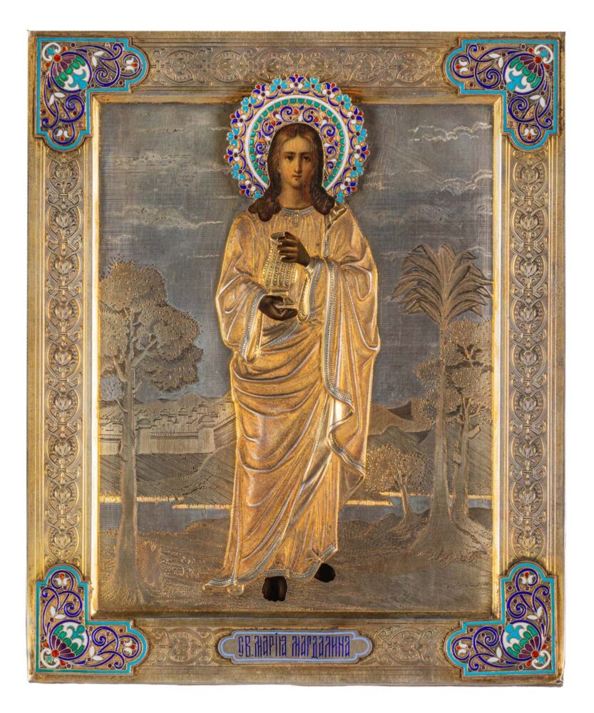 Lotto 427 Icona russa raffigurante Santa Maria Maddalena con riza in argento parzialmente dorato e smalto, Mosca, circa 1880, orafo A. Kuzmichev, tempera su tavola, cm 27x22,5, stima € 1.500 – 2.000