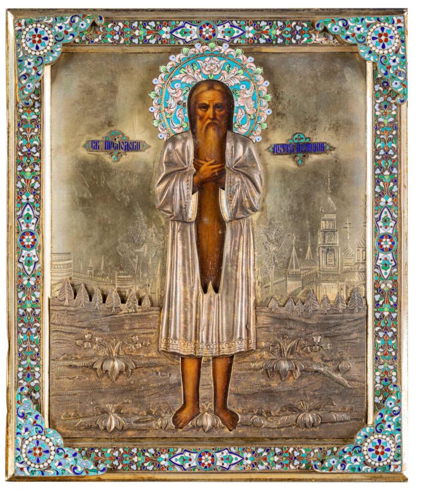 Lotto 428 Icona russa raffigurante San Pietro Atonita con riza in argento dorato e smalti, Mosca, 1896-1908, tempera si tavola, cm 31x26,5, stima € 2.000 – 3.000