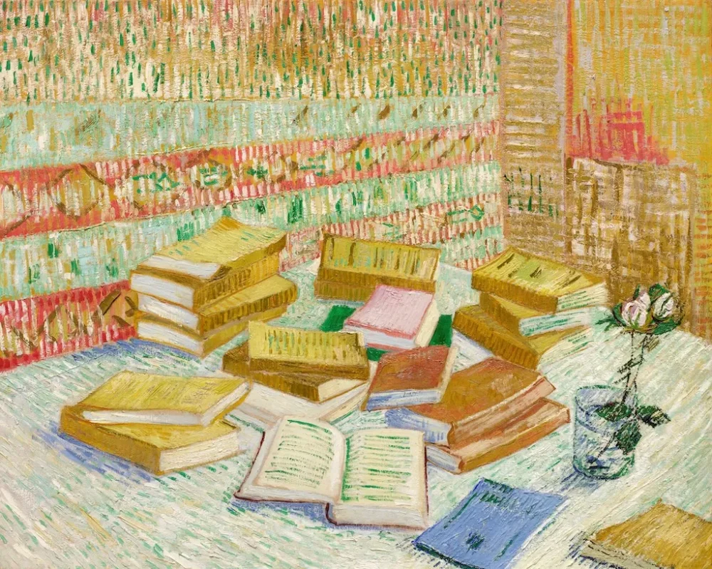 Romans Parisiens (Piles de romans parisiens et roses dans un verre) – Vincent van Gogh