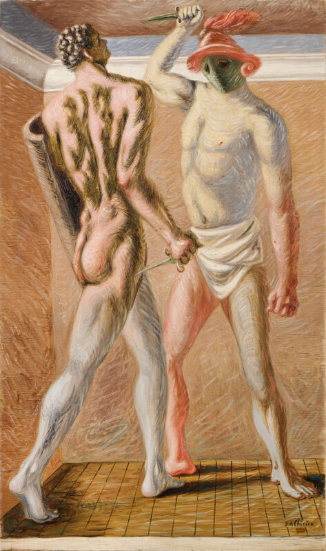 Giorgio de Chirico, Gladiatori, 1928, Olio su tela, cm 159x94,2 aggiudicato a 1.722.250 euro diritti compresi - Farsettiarte