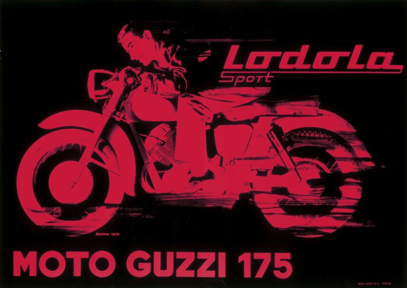 Armando Testa Moto Guzzi 175, 1954 stampa serigrafica su carta montata su tela e telaio 100 × 140 cm Courtesy Gemma De Angelis Testa e TestaperTesta Credito fotografico: Scansione da fotocolor originale, © Testa per Testa