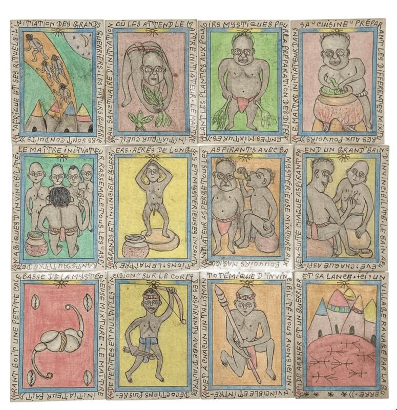 Lotto 10, Frédéric Bruly Bouabré, L'Afrique et ses rituels l'initiation des grands guerriers, 2002. Stima 1.000-1.500 euro. Blindarte