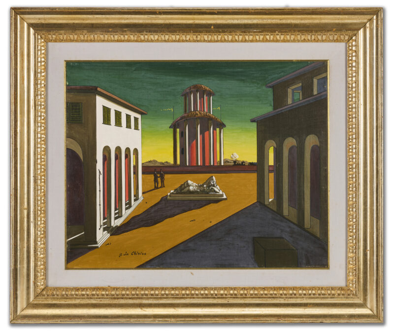 Asta 709 - 27, 28, 29 maggio 2025: Lotto 41 Giorgio de Chirico "Piazza d'Italia" 1953, olio su tela, cm 40,3x50,2. Firmato in basso a sinistra. Stima € 150.000 - 250.000 Venduto € 448.000 Courtesy Il Ponte Casa d’Aste