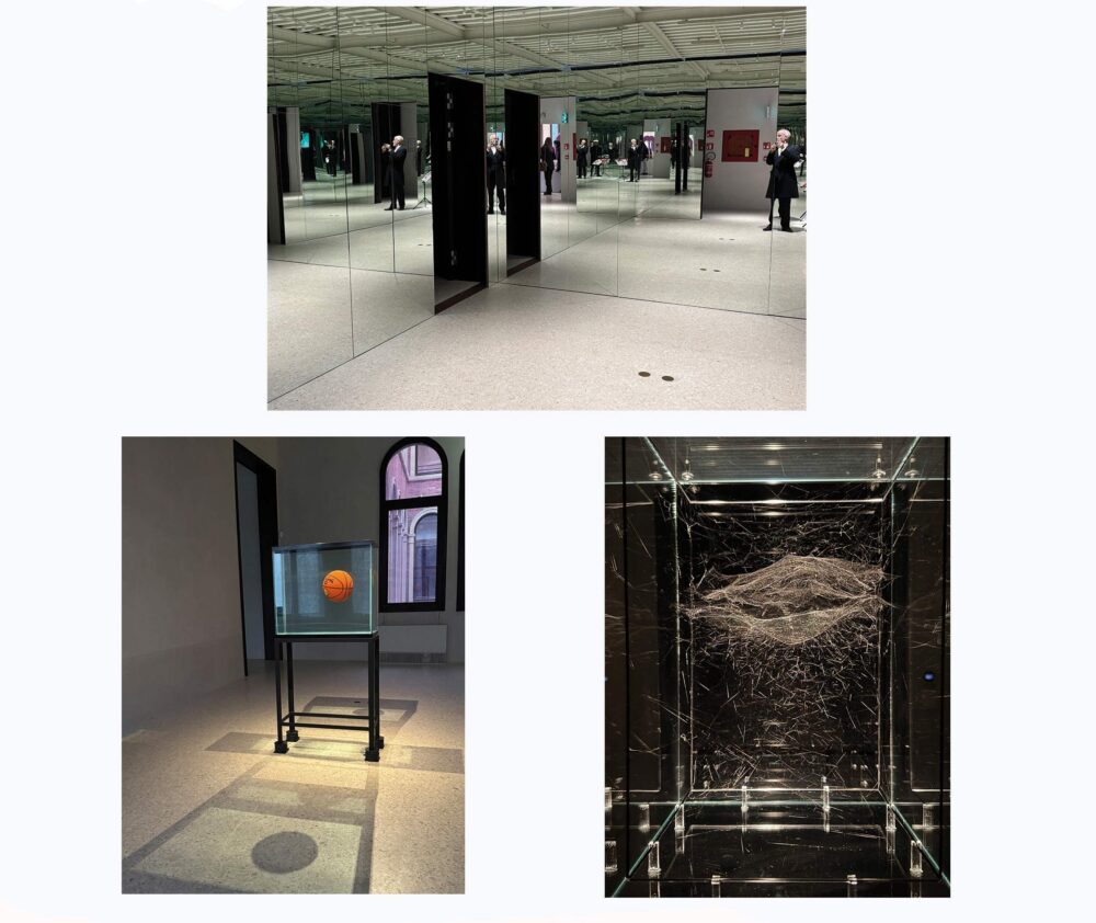 In alto la sala degli specchi di Isa Genzken “oil vii”, 2007, courtesy galere Buchholz. Sotto a sinistra Jeff Koons “One ball total equilibrium tank”, 1985, coll. Privata. Sotto a destra: una delle due opere di Thomas Saraceno esposte a “Quantum Effect”