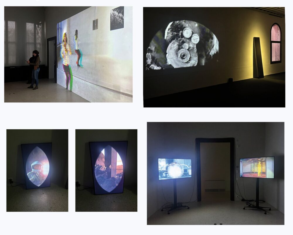 A sinistra la sala visivamente collegata con la sala analoga . A destra tra la finestra e una proiezione il monolite “Untitled (Black Plank) di John McCracken , collezione Alex Hank. Sotto: spezzoni di film e telefilm presenti in mostra , a sinistra un paio di scene tratte da “2001 Odissea nello spazio” di Stanley Kubrick con il monolite 