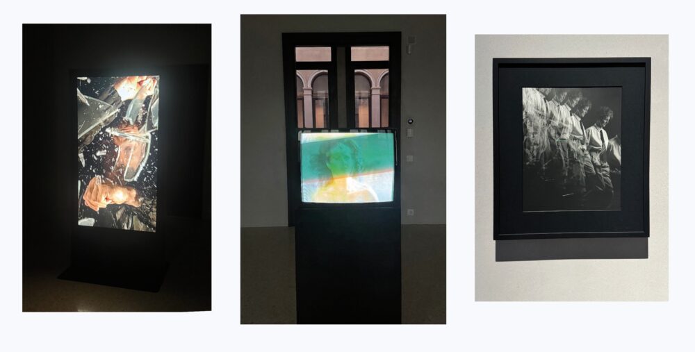 Da sinistra: Mark Leckey “To the old world (thank you for the use of your body), 2021 - 22, courtesy dell’artista e Cabinet London. Al Centro: DaraBirnbaum “Technology 7 transformation: Wonder Woman”, 1978/9. Courtesy Dara Birnbaum e Lux, London. A destra: Sturtevant “Duchamp descendant l’escalier”,1992,collezione Thaddeus Ropac