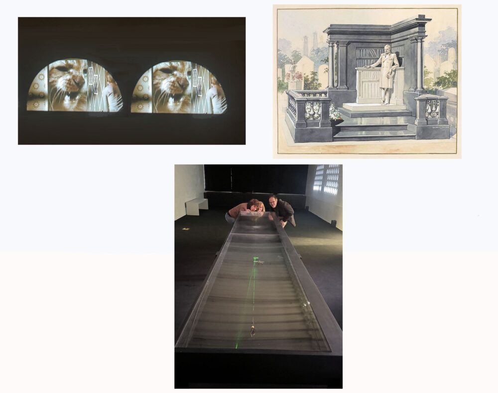 In alto a sinistra Jacqui Davis “Dèjà vu”. In alto a destra (non presente in mostra): Lecreux Frères, Progetto per una tomba mai realizzata  di Raymond Roussel al Cimitero di  Père-Lachaise c. 1932, acquerello, 52.5 x 63 cm. Courtesy Galerie Buchholz. Sotto: l’esperimento della doppia fenditura che dimostra la natura ondulatoria della luce