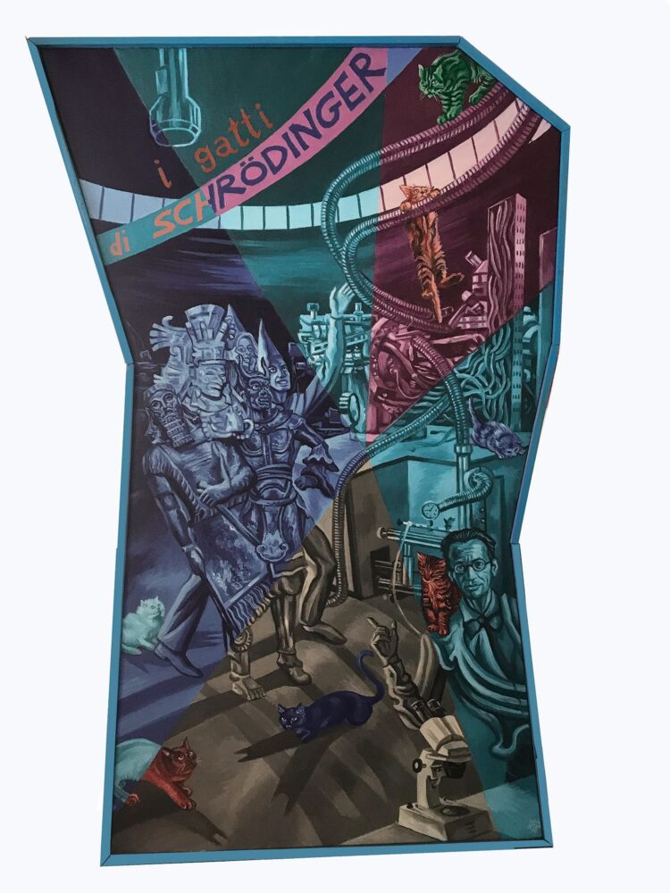 Dipinto  sul tema realizzato dall’autore dell’articolo Walter Bortolossi  “I gatti di Schrödinger”,1998,  olio su tela cm 90 x 40 (Coll. privata)