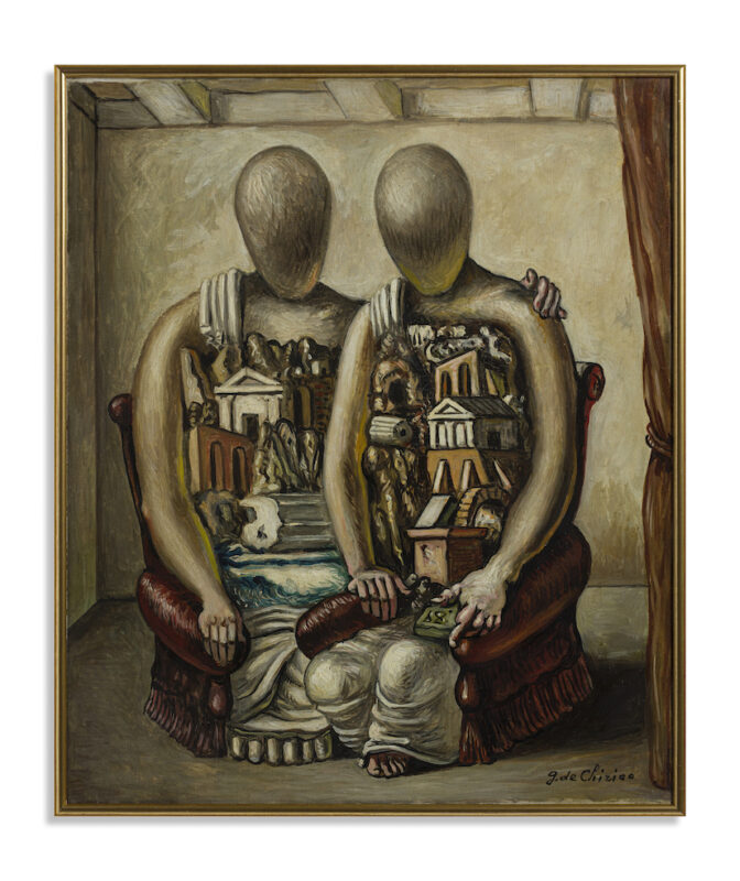 GIORGIO DE CHIRICO (1888-1978), Gli Archeologi (Manichini seduti), 1962, olio su tela, 60x50 cm. Stima: € 300.000 / 500.000. Venduto a € 428.400,00 - Capitolium Art