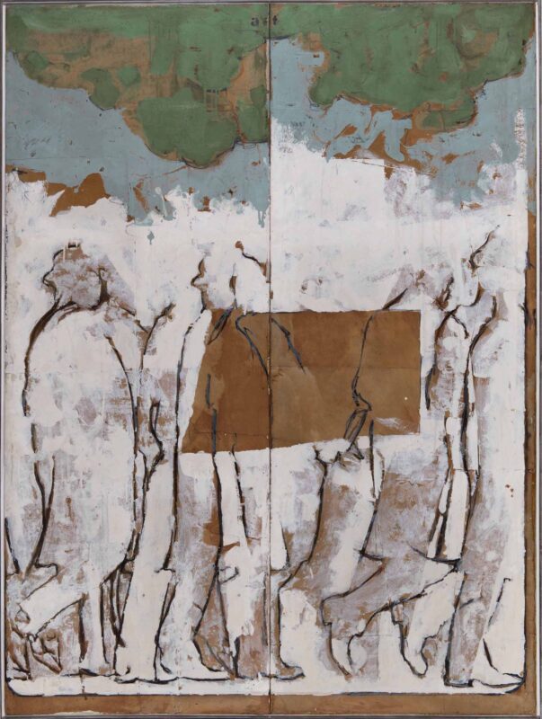 MARIO SCHIFANO (1934-1998), When I remember Giacomo Balla, New York City (dittico), 1964, smalto, pastelli e carboncino su collage di carta da pacco applicato su tela, 172.0 x 126.5 cm. Stima: € 140.000 / 180.000. Venduto a € 378.000,00 - Capitolium Art