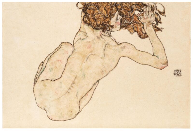 Egon Schiele (Tulln 1890–1918 Vienna), Kauernder Rückenakt (Nudo accovacciato, vista posteriore), firmato e datato EGON SCHIELE 1917, scritta a mano iscrizione Szerena Lederer sul retro, guazzo e matita nera su carta, 29,5 x 45 cm, prezzo realizzato € 3.230.000 - Dorotheum