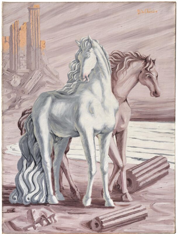 Giorgio de Chirico (Volos, Grecia 1888–1978 Roma), Chevaux devant la mer (Due cavalli), c. 1927, firmato, olio su tela, 130,2 x 97,1 cm, prezzo realizzato € 825.000 - Dorotheum
