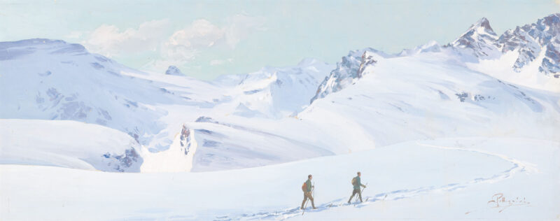 Carlo Pellegrini, Paesaggio invernale con sciatori. Tempera su carta, 24 x 61 cm. Collezione privata