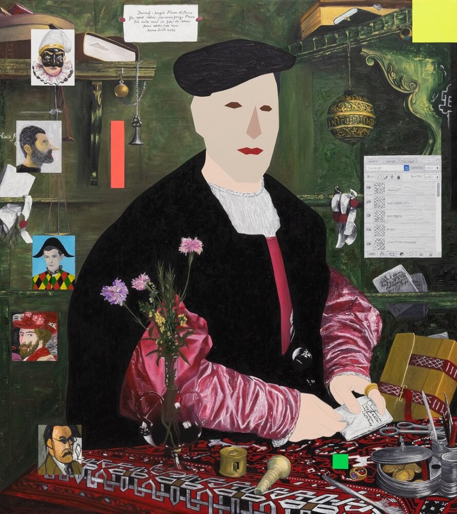 Flavio de Marco, Autoritratto nelle vesti di Georg Gisze. olio e acrilico su tela. 96.3 x 85.7 cm. Collezione Mambo, Bologna. Foto F. Rucci