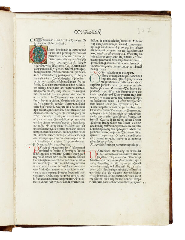 Lotto 397Rarissima editio princeps del Timeo, ove per la prima volta si attribuisce alla matematica il compito di spiegare i fenomeni naturali, del Crizia, del De legibus e delle Epistole PLATO, FICINO MARSILIO Base d'asta 45.000 euro. Gonnelli Casa d'Aste
