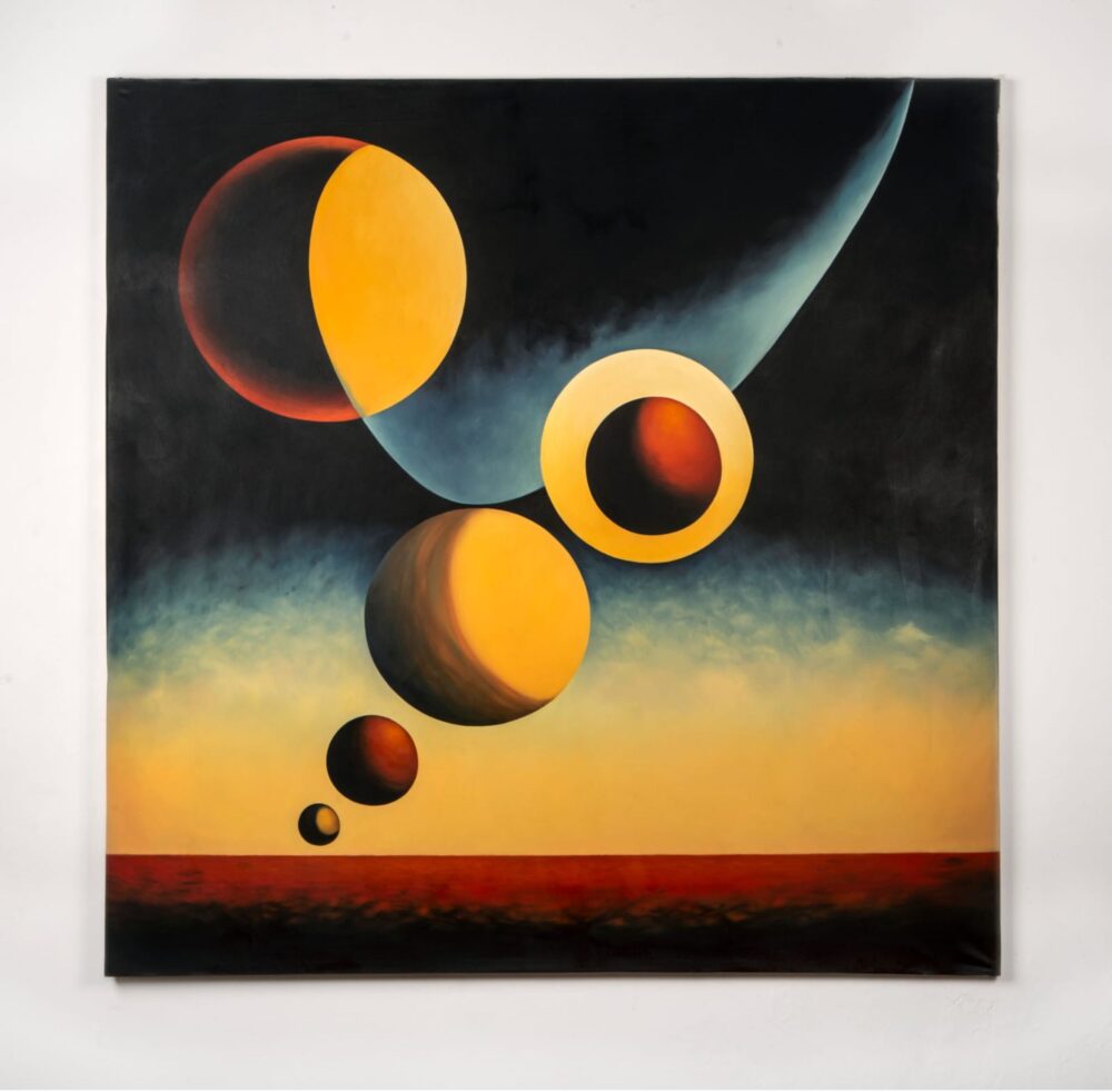 Luis Enrique Zela-Koort, Cosmic Rays (Earthrise I), 2025, Oil paint on cotton, 165 x 165 cm, courtesy FRENCH PLACE & the artist copy