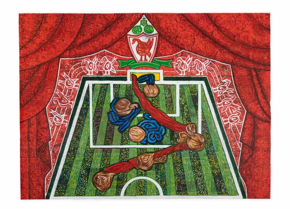 Pharaildis Van den Broeck, 01 05 2007 Liverpool-Chelsea 1-0 il gol decisivo di Agger, 2008 pittura acrilica su carta di giornale, 159,5 x 235 cm courtesy Archivio Atelier Pharaildis Van den Broeck, Milano
