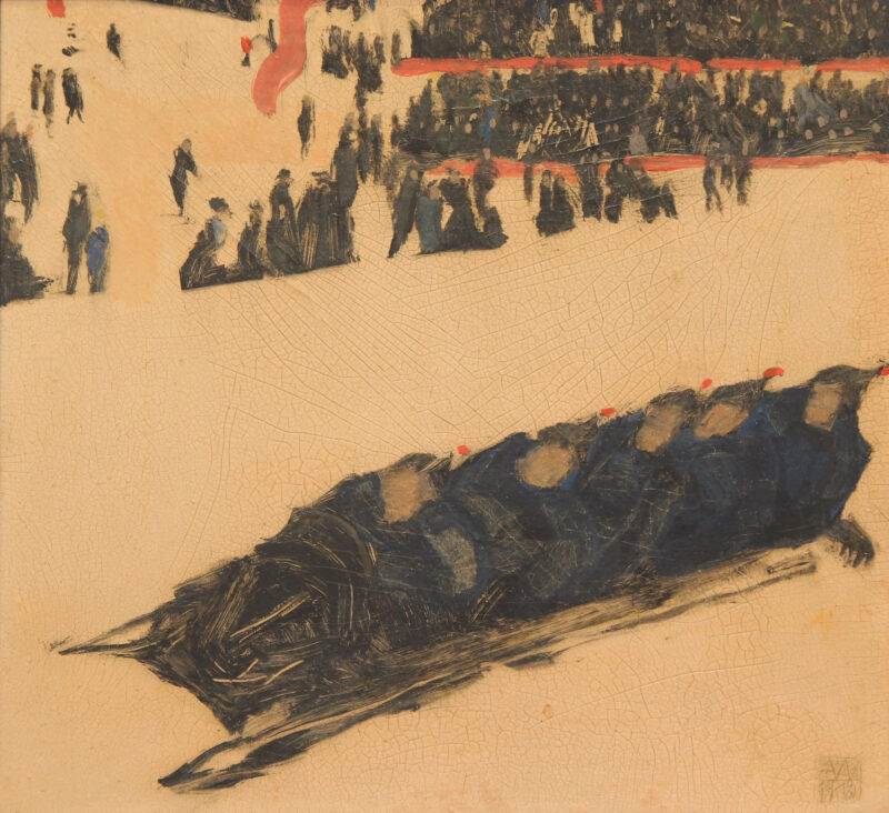 Alfons Walde, Gara di bob, 1913. Olio su cartone, 27 x 30 cm. Kunsthandel Freller, Linz